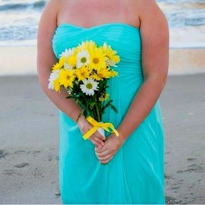 Spa blue, aqua David’s Bridal, knee length dress, strapless, size 14